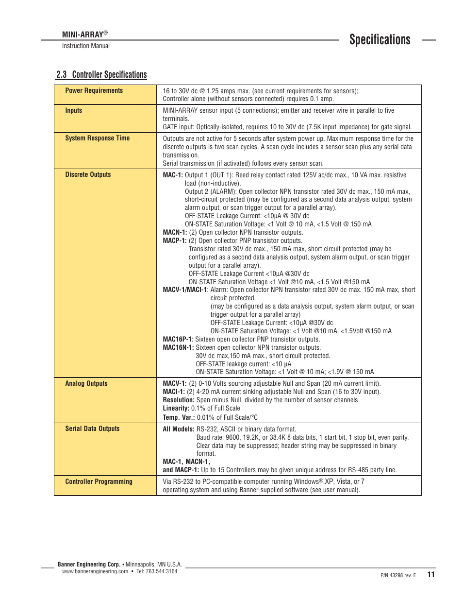 Specifications, 3 controller specifications | Banner A-GAGE MINI-ARRAY Series User Manual | Page 11 / 44