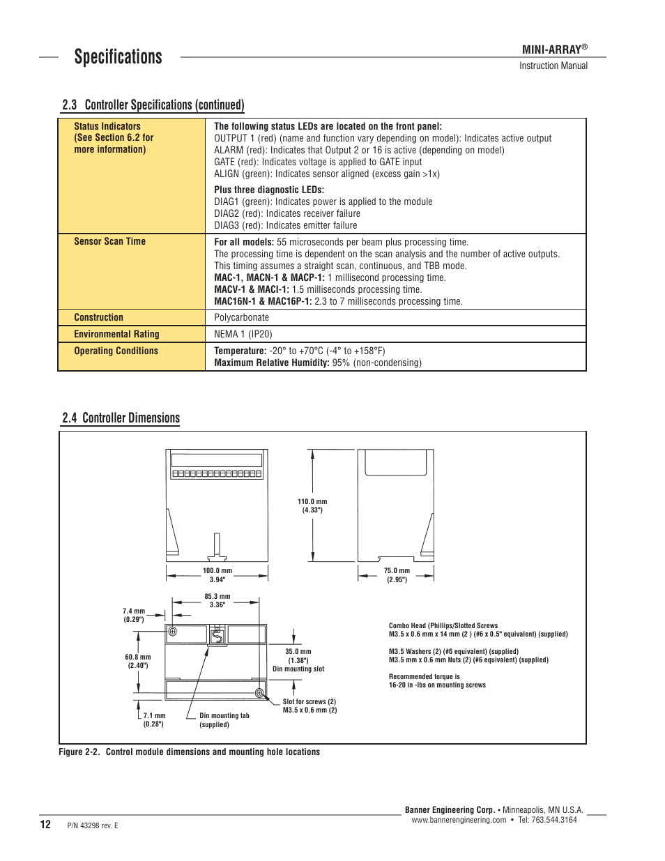 Specifications, 4 controller dimensions, 3 controller specifications (continued) | Mini-array | Banner A-GAGE MINI-ARRAY Series User Manual | Page 12 / 44