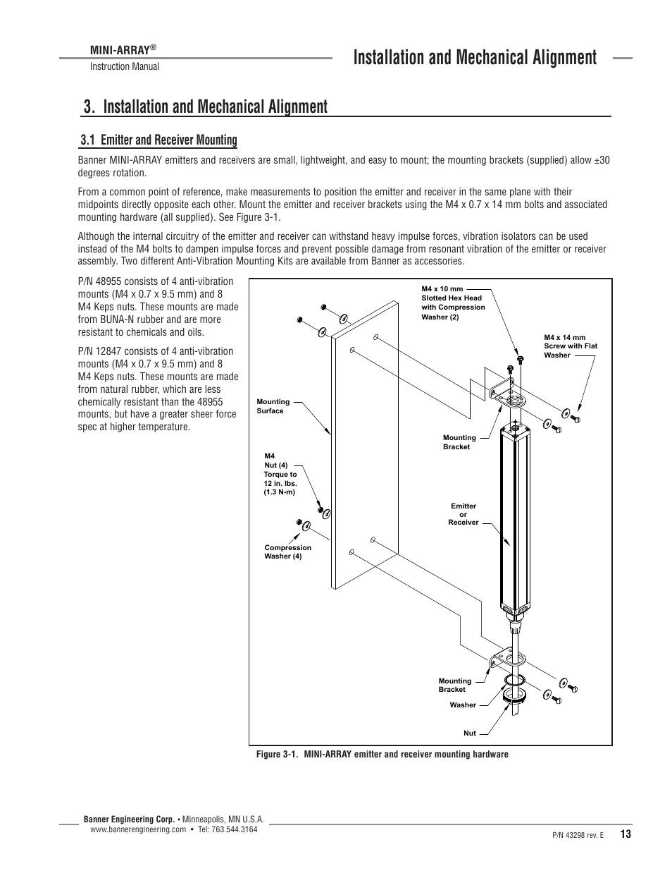 Installation and mechanical alignment, 1 emitter and receiver mounting, Mini-array | Banner A-GAGE MINI-ARRAY Series User Manual | Page 13 / 44