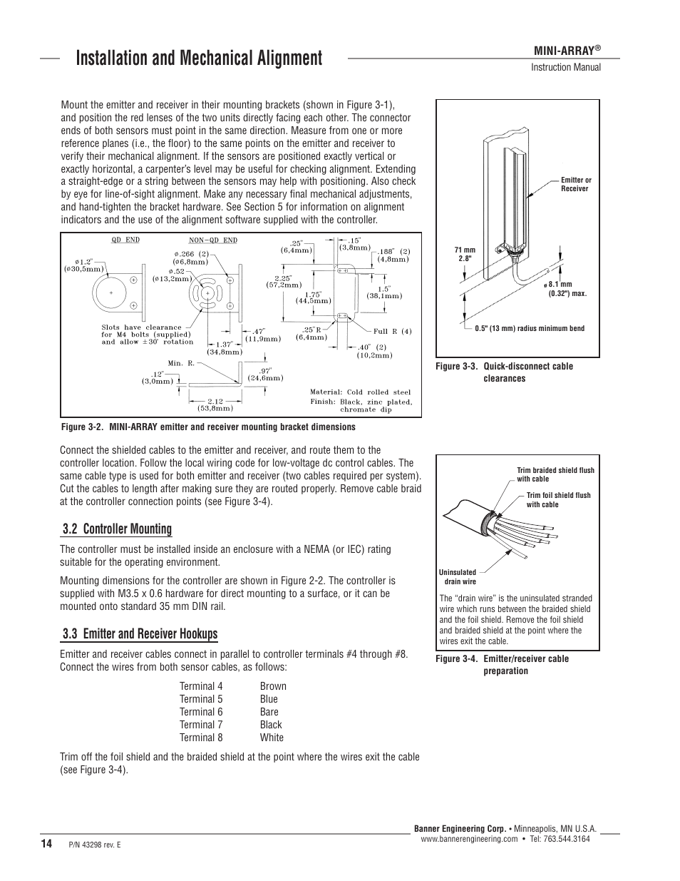 Installation and mechanical alignment, 2 controller mounting, 3 emitter and receiver hookups | Banner A-GAGE MINI-ARRAY Series User Manual | Page 14 / 44