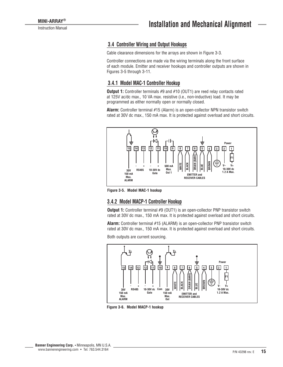 Installation and mechanical alignment, 4 controller wiring and output hookups, 1 model mac-1 controller hookup | 2 model macp-1 controller hookup, Mini-array, Output 1, Alarm, Instruction manual | Banner A-GAGE MINI-ARRAY Series User Manual | Page 15 / 44