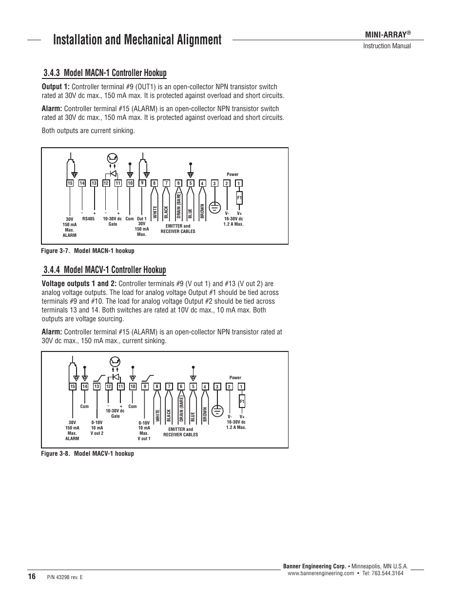 Installation and mechanical alignment, 3 model macn-1 controller hookup, 4 model macv-1 controller hookup | Mini-array, Output 1, Alarm, Voltage outputs 1 and 2, Instruction manual | Banner A-GAGE MINI-ARRAY Series User Manual | Page 16 / 44