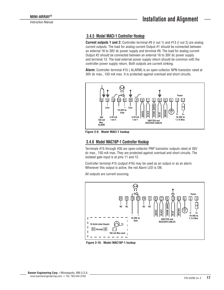 Installation and alignment, 5 model maci-1 controller hookup, 6 model mac16p-1 controller hookup | Mini-array, Current outputs 1 and 2, Alarm, Instruction manual | Banner A-GAGE MINI-ARRAY Series User Manual | Page 17 / 44