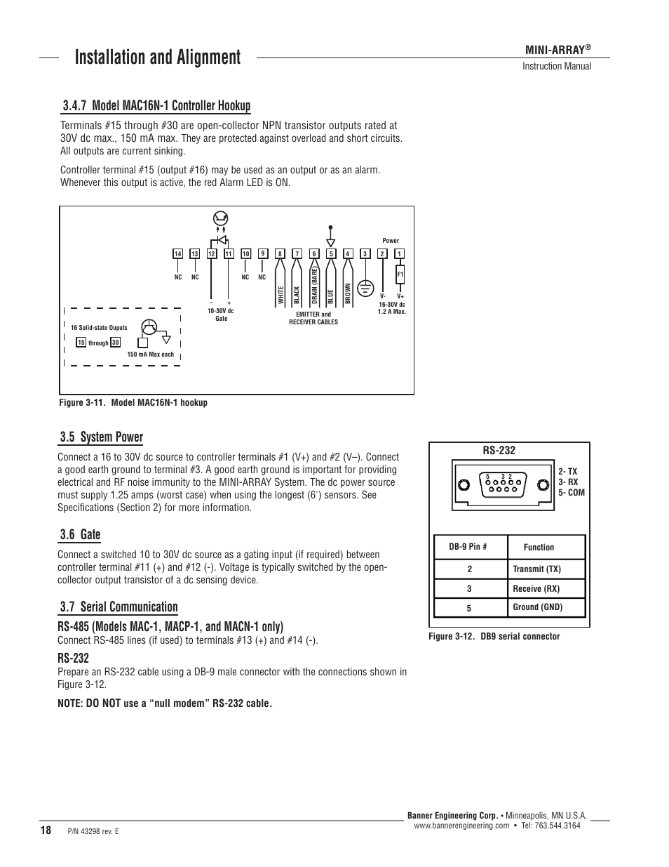 Installation and alignment, 5 system power, 6 gate | 7 serial communication, 7 model mac16n-1 controller hookup, Rs-232, Mini-array | Banner A-GAGE MINI-ARRAY Series User Manual | Page 18 / 44