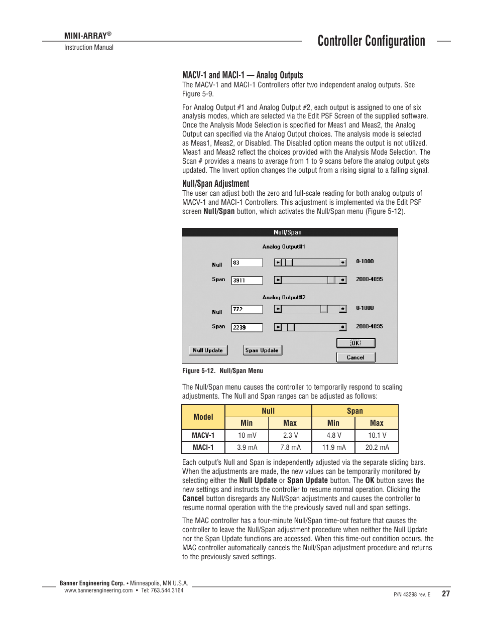 Controller configuration, Macv-1 and maci-1 — analog outputs, Null/span adjustment | Banner A-GAGE MINI-ARRAY Series User Manual | Page 27 / 44