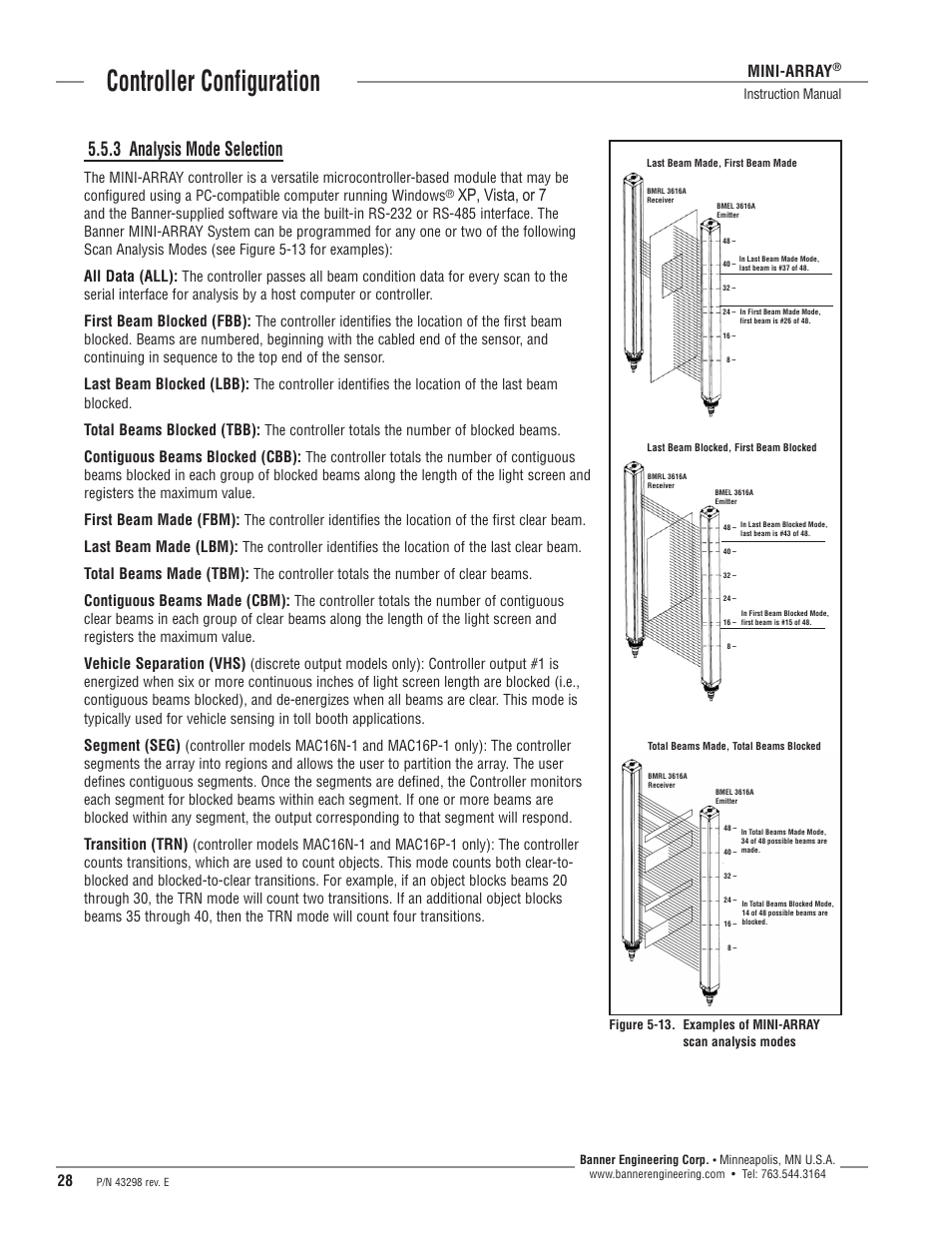 Controller configuration, 3 analysis mode selection, Xp, vista, or 7 | Mini-array, All data (all), First beam blocked (fbb), Last beam blocked (lbb), Total beams blocked (tbb), Contiguous beams blocked (cbb), First beam made (fbm) | Banner A-GAGE MINI-ARRAY Series User Manual | Page 28 / 44