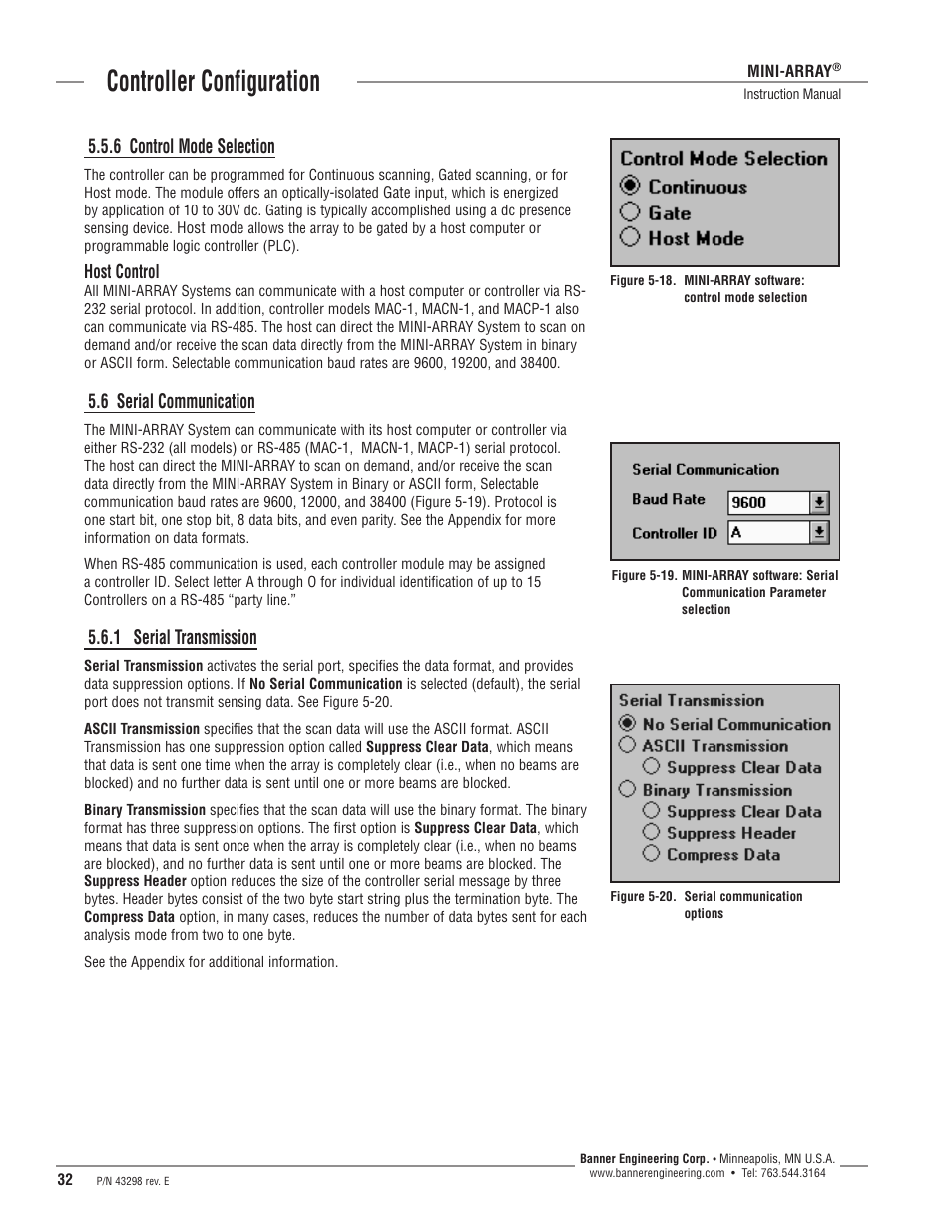 Controller configuration, 6 control mode selection, 6 serial communication | 1 serial transmission, Host control | Banner A-GAGE MINI-ARRAY Series User Manual | Page 32 / 44