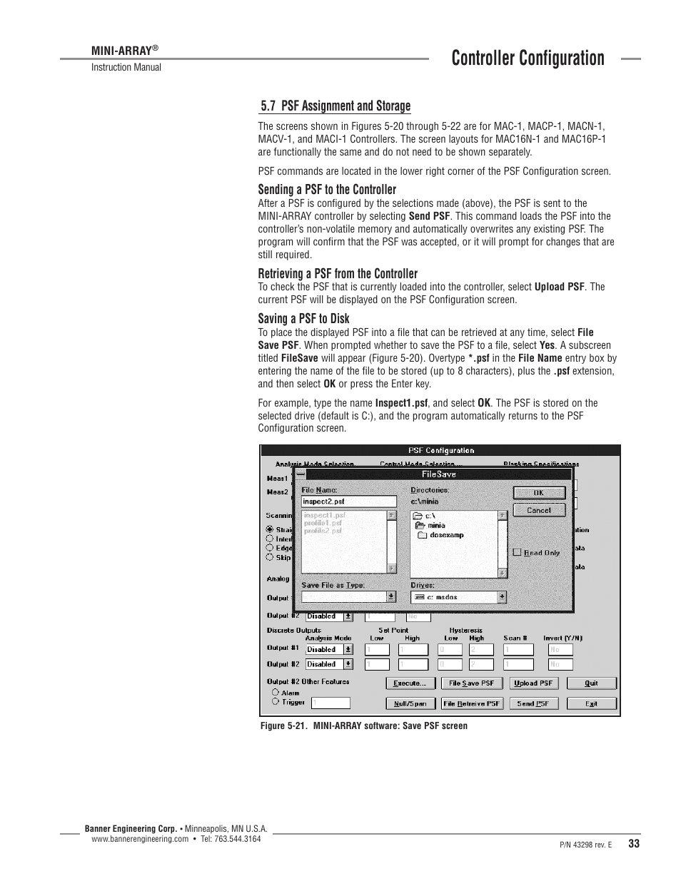 Controller configuration, 7 psf assignment and storage, Sending a psf to the controller | Retrieving a psf from the controller, Saving a psf to disk | Banner A-GAGE MINI-ARRAY Series User Manual | Page 33 / 44