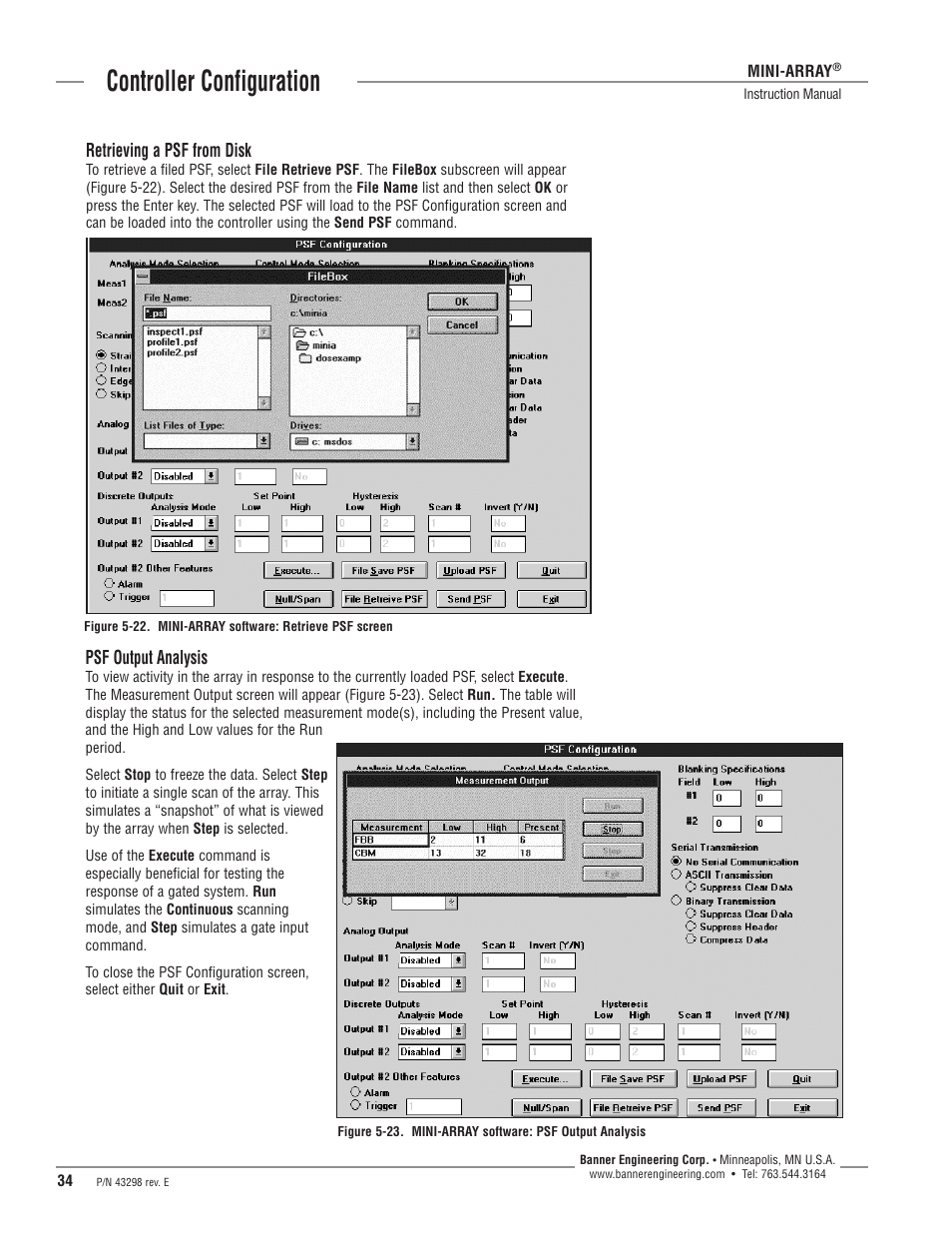 Controller configuration, Retrieving a psf from disk, Psf output analysis | Banner A-GAGE MINI-ARRAY Series User Manual | Page 34 / 44