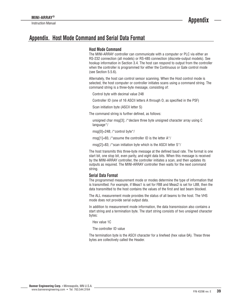 Appendix, Appendix. host mode command and serial data format, Host mode command | Serial data format | Banner A-GAGE MINI-ARRAY Series User Manual | Page 39 / 44