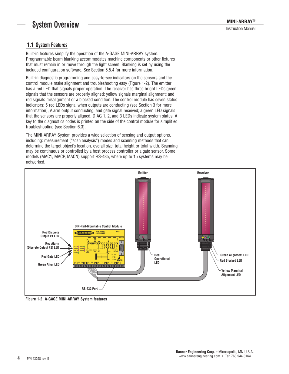 System overview, 1 system features, Mini-array | Instruction manual, Figure 1-2. a-gage mini-array system features, Banner engineering corp, Minneapolis, mn u.s.a | Banner A-GAGE MINI-ARRAY Series User Manual | Page 4 / 44