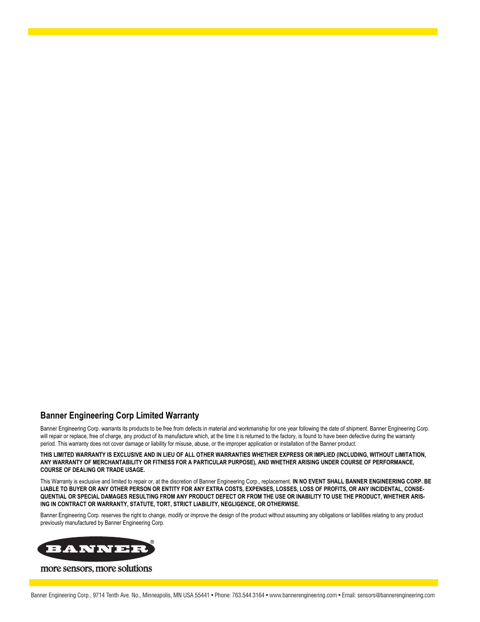 Banner engineering corp limited warranty | Banner A-GAGE MINI-ARRAY Series User Manual | Page 44 / 44