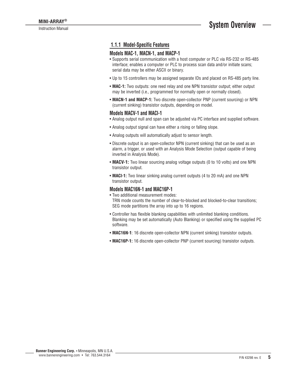 System overview, 1 model-specific features, Models mac-1, macn-1, and macp-1 | Models macv-1 and maci-1 | Banner A-GAGE MINI-ARRAY Series User Manual | Page 5 / 44