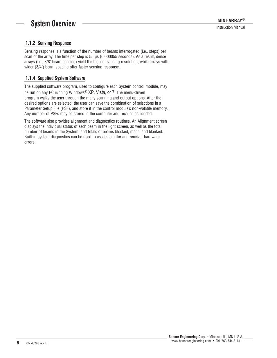 System overview, 2 sensing response, 4 supplied system software | Banner A-GAGE MINI-ARRAY Series User Manual | Page 6 / 44