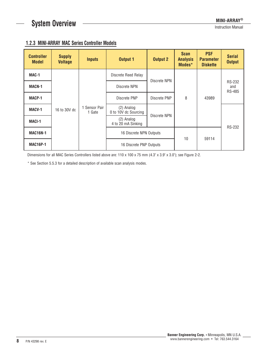 System overview, 3 mini-array mac series controller models | Banner A-GAGE MINI-ARRAY Series User Manual | Page 8 / 44