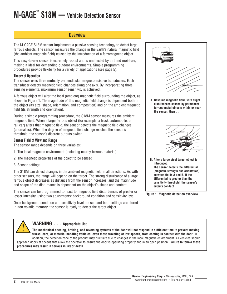 M-gage, S18m, Vehicle detection sensor | Overview, Warning | Banner M-GAGE S18M Series Vehicle Detection Series User Manual | Page 2 / 8