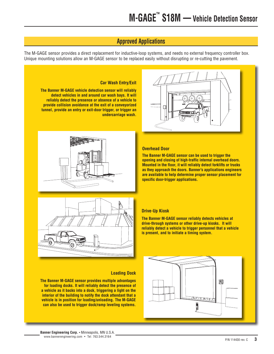 M-gage, S18m, Vehicle detection sensor | Approved applications | Banner M-GAGE S18M Series Vehicle Detection Series User Manual | Page 3 / 8