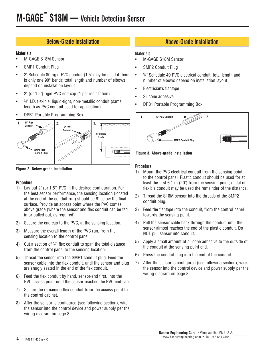 M-gage, S18m, Vehicle detection sensor | Below-grade installation, Above-grade installation | Banner M-GAGE S18M Series Vehicle Detection Series User Manual | Page 4 / 8