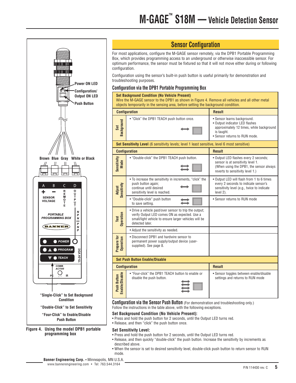M-gage, S18m, Vehicle detection sensor | Sensor configuration, Configuration via the sensor push button | Banner M-GAGE S18M Series Vehicle Detection Series User Manual | Page 5 / 8