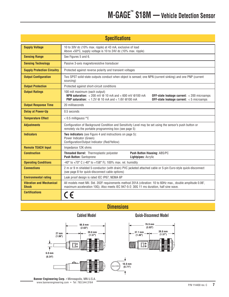 M-gage, S18m, Vehicle detection sensor | Specifications dimensions, Cabled model quick-disconnect model | Banner M-GAGE S18M Series Vehicle Detection Series User Manual | Page 7 / 8