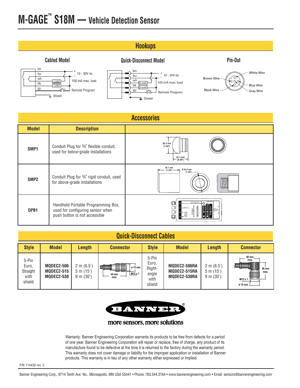 M-gage, S18m, Vehicle detection sensor | Accessories, Hookups, Quick-disconnect cables, Cabled model quick-disconnect model, Model description, Pin-out, Smp1 conduit plug for | Banner M-GAGE S18M Series Vehicle Detection Series User Manual | Page 8 / 8