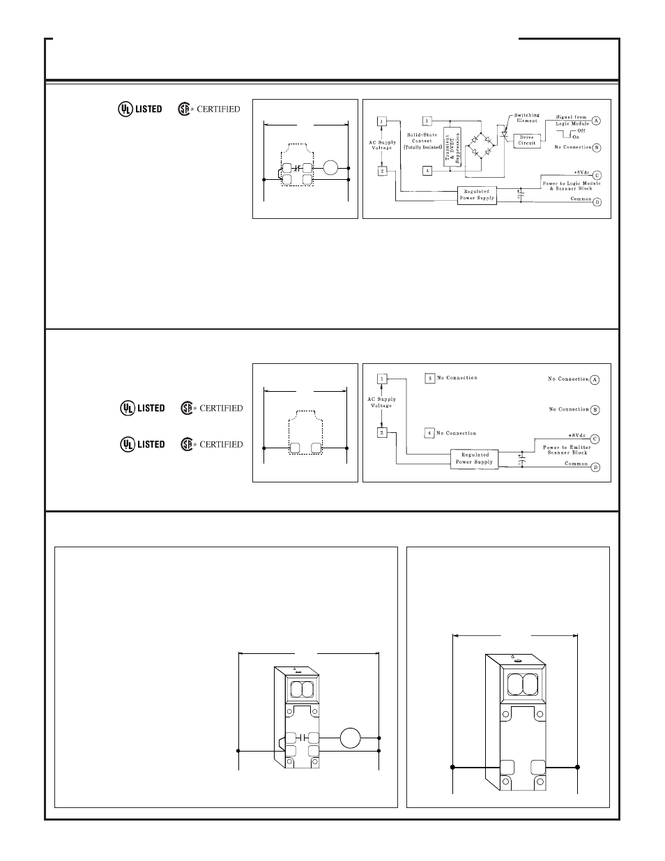 Multi-beam, & 4-wire ac power blocks, Pbaq hookup diagrams for ac power blocks | Pbd-1, Pbb-1, Pba-1, Ac models, Connections functional schematics, Hookup of an ac emitter hookup to a simple ac load | Banner MULTI-BEAM Series User Manual | Page 19 / 32