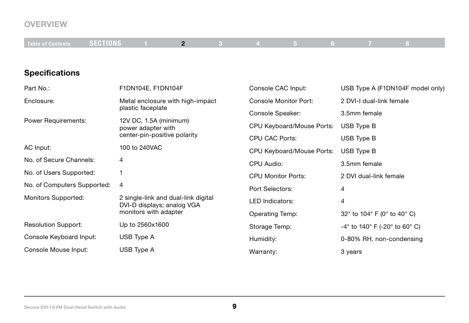 Overview, Specifications | Belkin F1DN104F User Manual | Page 11 / 24