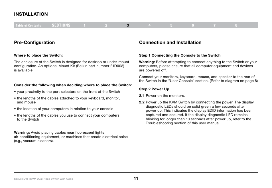 Installation, Pre-configuration, Connection and installation | Belkin F1DN104F User Manual | Page 13 / 24