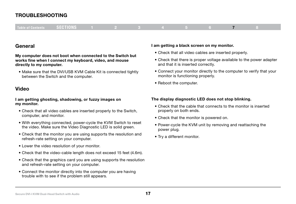 Troubleshooting, General, Video | Belkin F1DN104F User Manual | Page 19 / 24