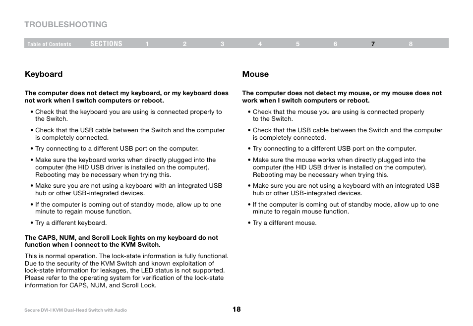 Troubleshooting, Keyboard, Mouse | Belkin F1DN104F User Manual | Page 20 / 24