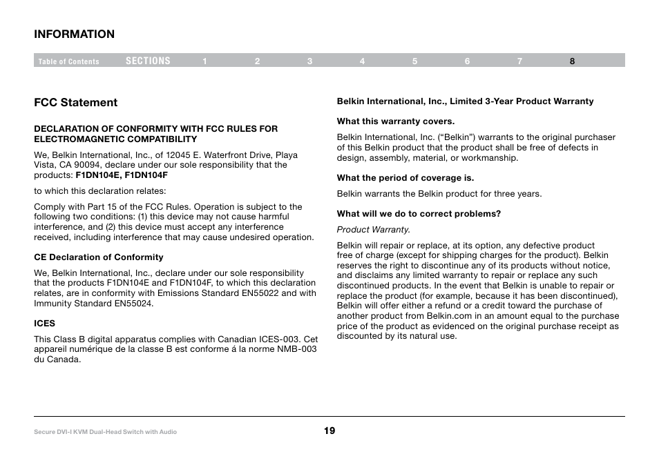 Information, Fcc statement | Belkin F1DN104F User Manual | Page 21 / 24