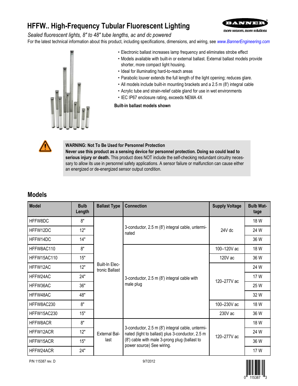 Banner Tubular Fluorescent Lights User Manual | 5 pages