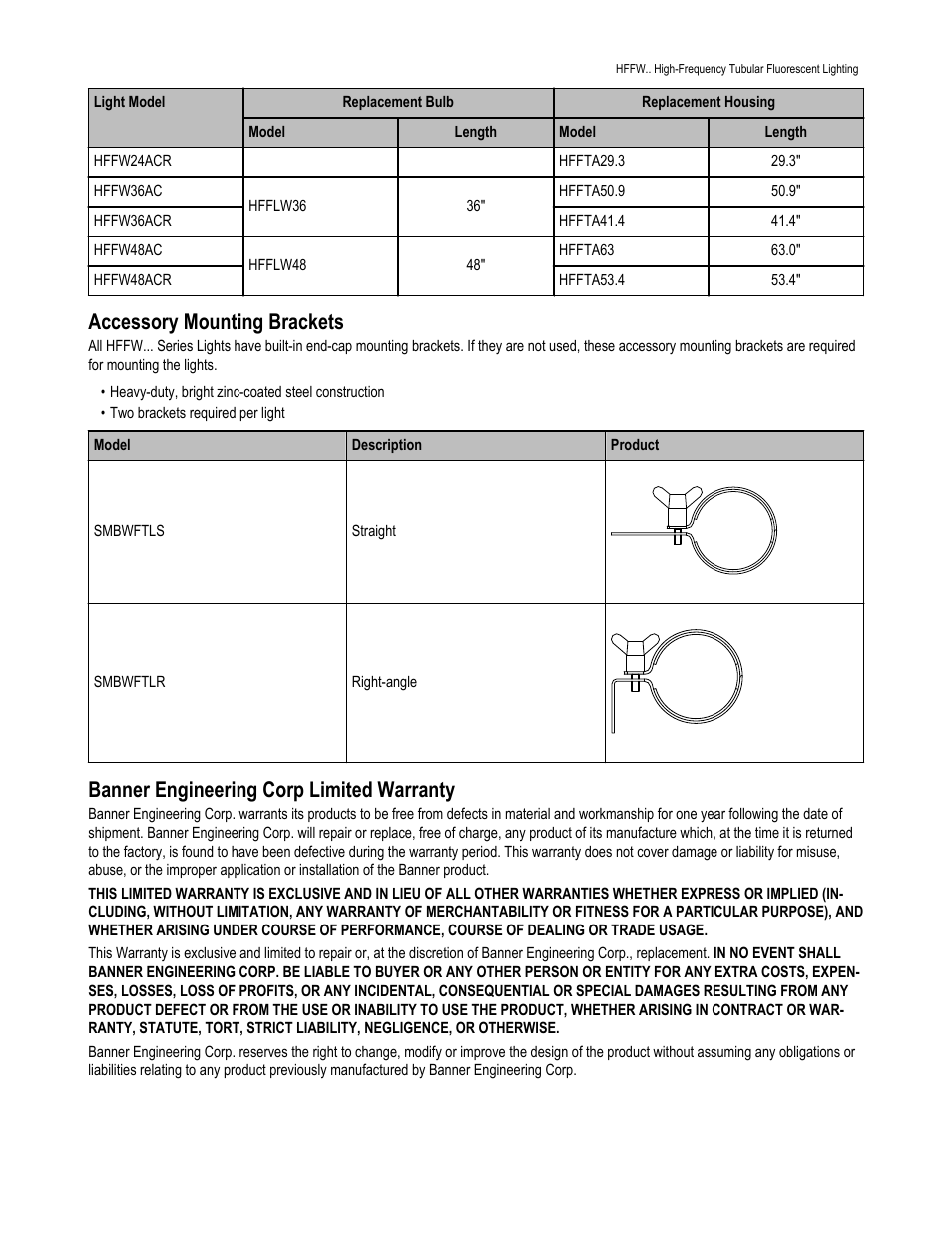 Accessory mounting brackets, Banner engineering corp limited warranty | Banner Tubular Fluorescent Lights User Manual | Page 5 / 5