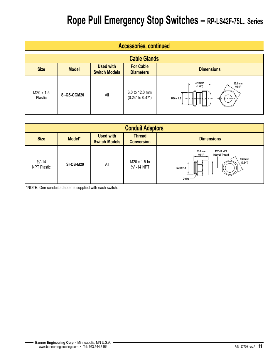 Rope pull emergency stop switches, Rp-ls42f-75l.. series, Conduit adaptors | Cable glands, Accessories, continued | Banner RP-LS42 Rope Pull Switches User Manual | Page 11 / 12