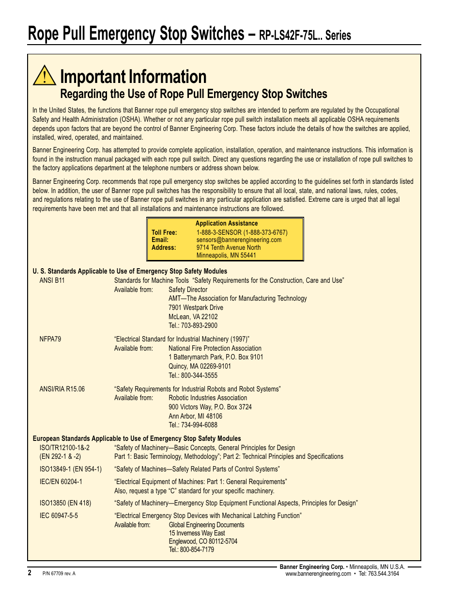 Rope pull emergency stop switches, Important, Information | Rp-ls42f-75l.. series | Banner RP-LS42 Rope Pull Switches User Manual | Page 2 / 12