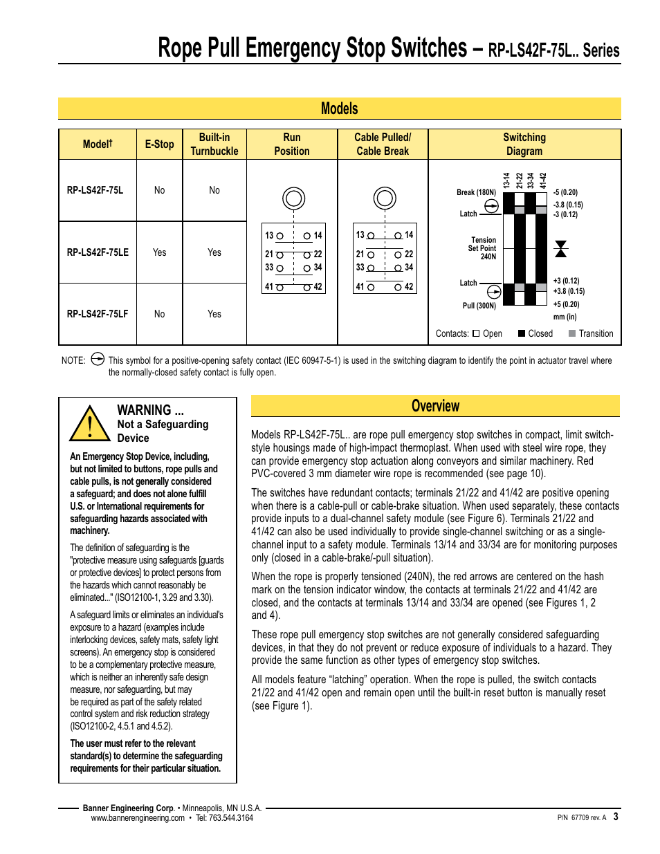 Rope pull emergency stop switches, Rp-ls42f-75l.. series, Models | Overview, Warning | Banner RP-LS42 Rope Pull Switches User Manual | Page 3 / 12