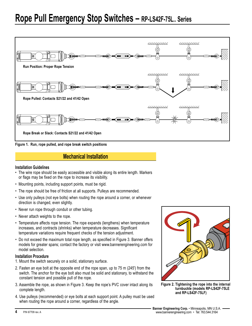 Rope pull emergency stop switches, Rp-ls42f-75l.. series, Mechanical installation | Banner RP-LS42 Rope Pull Switches User Manual | Page 4 / 12