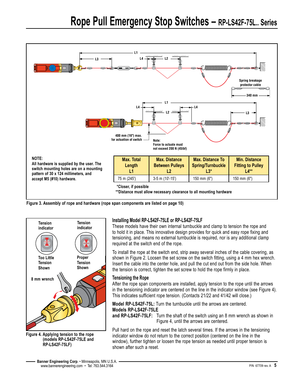Rope pull emergency stop switches, Rp-ls42f-75l.. series, Tensioning the rope | Banner RP-LS42 Rope Pull Switches User Manual | Page 5 / 12