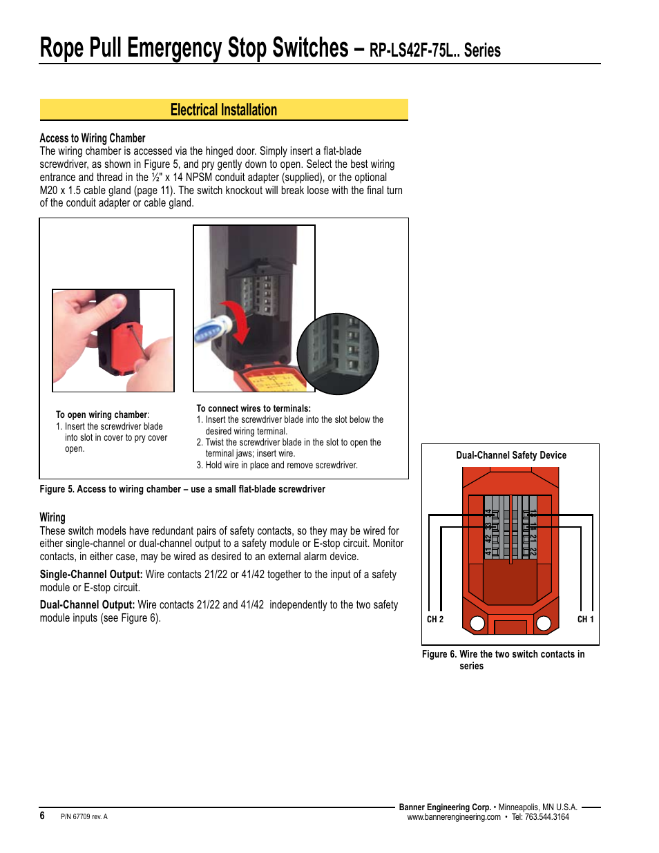 Rope pull emergency stop switches, Rp-ls42f-75l.. series, Electrical installation | Banner RP-LS42 Rope Pull Switches User Manual | Page 6 / 12