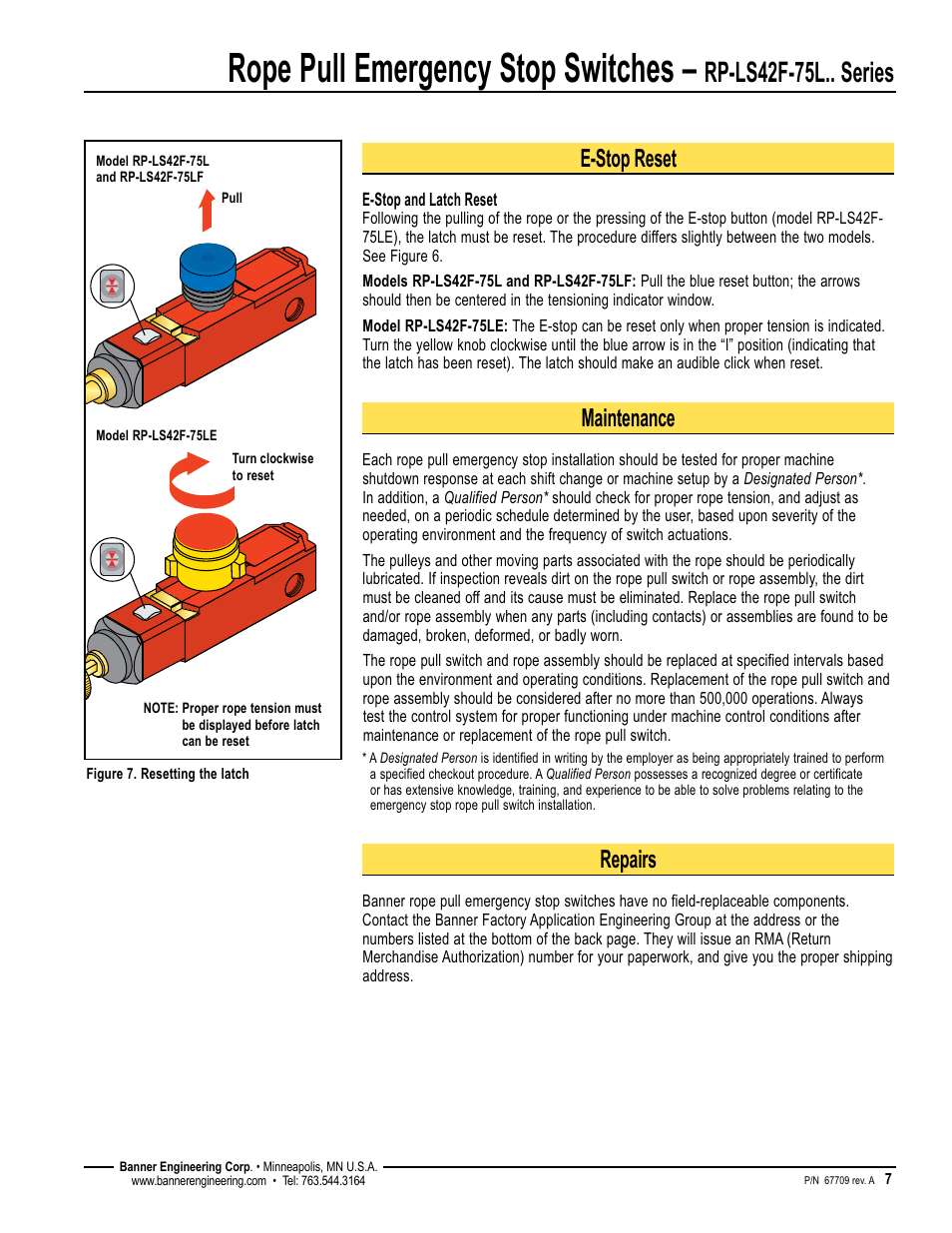 Rope pull emergency stop switches, Rp-ls42f-75l.. series, E-stop reset | Maintenance, Repairs | Banner RP-LS42 Rope Pull Switches User Manual | Page 7 / 12