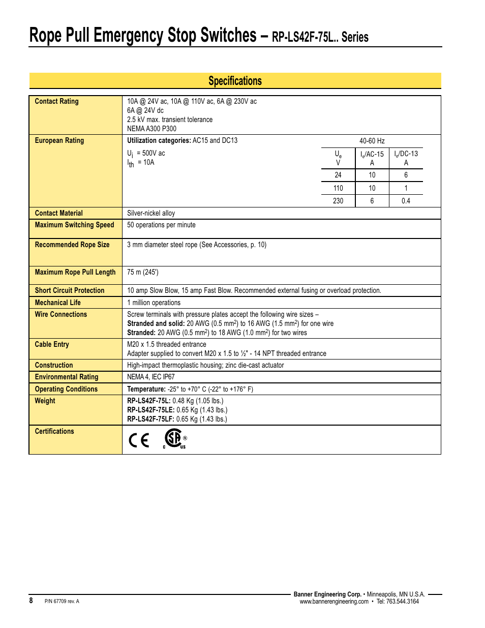 Rope pull emergency stop switches, Rp-ls42f-75l.. series, Specifications | Banner RP-LS42 Rope Pull Switches User Manual | Page 8 / 12