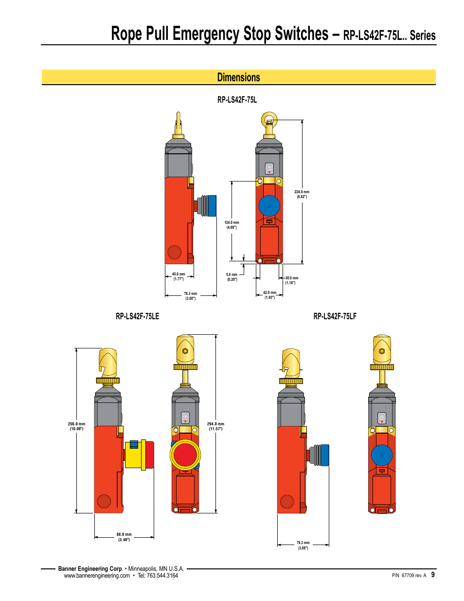 Rope pull emergency stop switches, Rp-ls42f-75l.. series, Dimensions | Rp-ls42f-75l, Rp-ls42f-75le, Rp-ls42f-75lf | Banner RP-LS42 Rope Pull Switches User Manual | Page 9 / 12