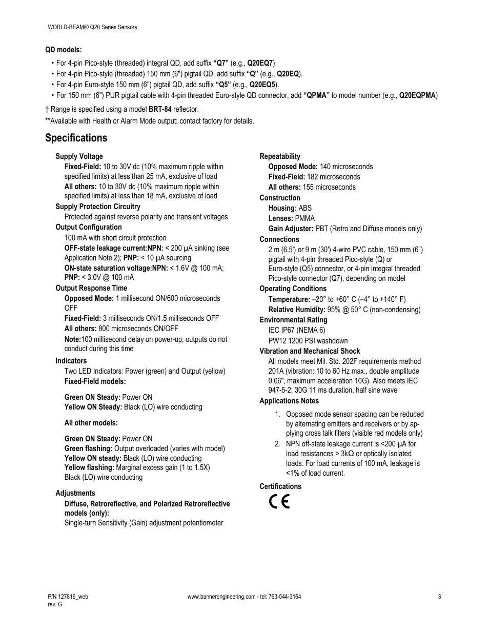 Specifications | Banner WORLD-BEAM Q20 Series User Manual | Page 3 / 9