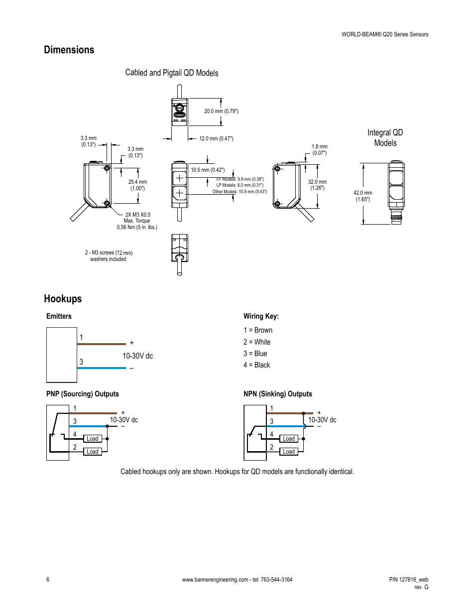 Dimensions, Hookups, Cabled and pigtail qd models integral qd models | Banner WORLD-BEAM Q20 Series User Manual | Page 6 / 9