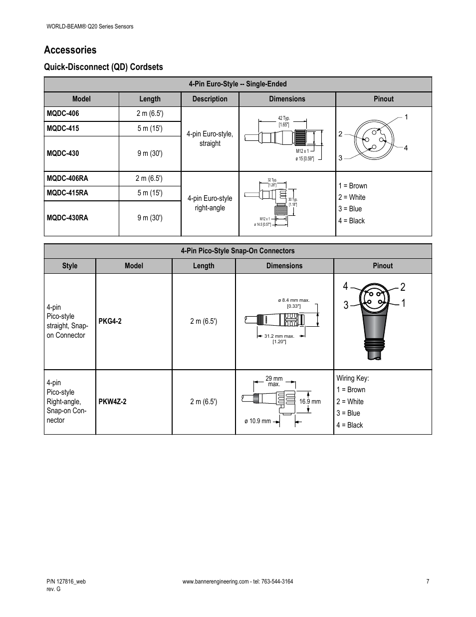 Accessories, Quick-disconnect (qd) cordsets, Pin pico 4 3 1 2 | Banner WORLD-BEAM Q20 Series User Manual | Page 7 / 9