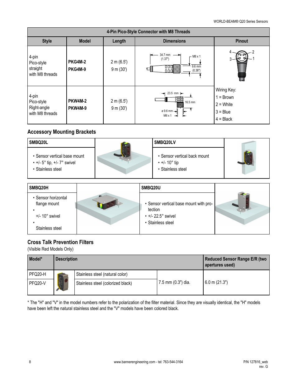 Accessory mounting brackets, Cross talk prevention filters | Banner WORLD-BEAM Q20 Series User Manual | Page 8 / 9