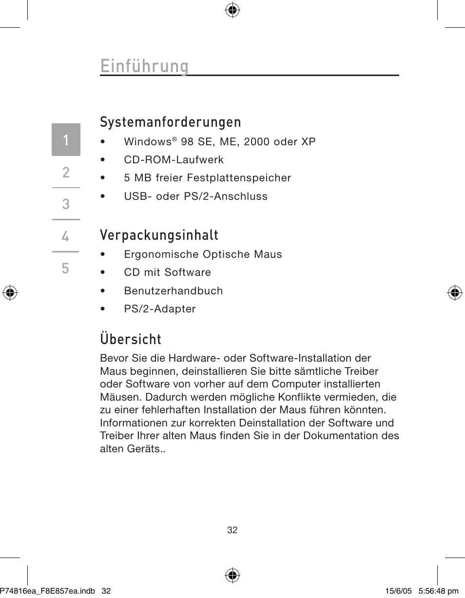 Einführung, Systemanforderungen, Verpackungsinhalt | Übersicht | Belkin P74816EA User Manual | Page 36 / 88