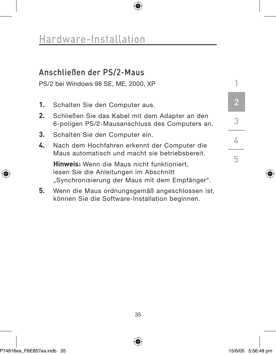 Hardware-installation, Anschließen der ps/2-maus | Belkin P74816EA User Manual | Page 39 / 88