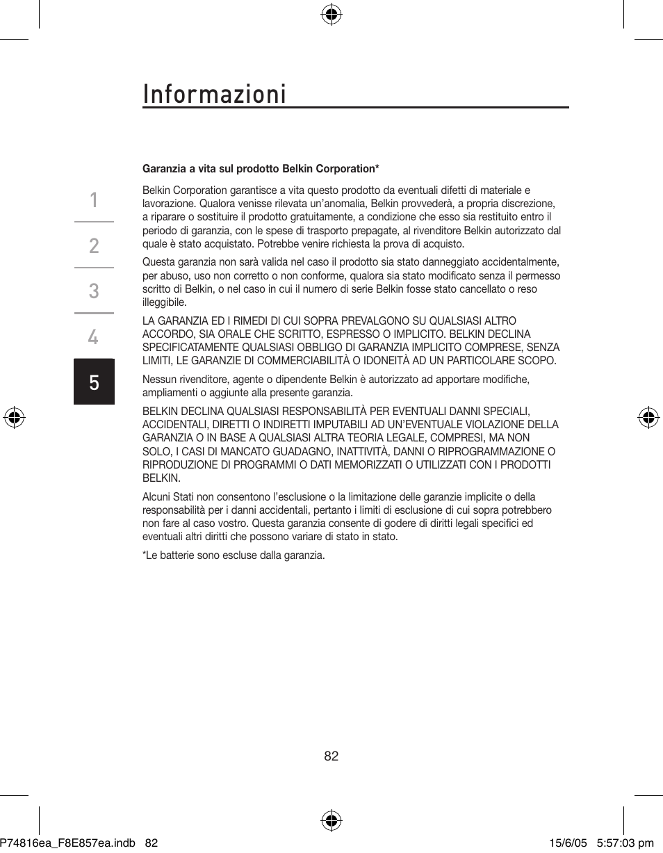 Informazioni | Belkin P74816EA User Manual | Page 86 / 88