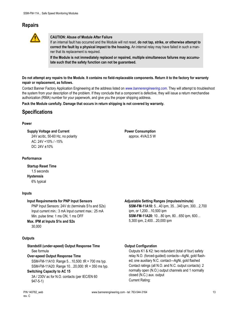 Repairs, Specifications | Banner Safe Speed Monitoring Modules User Manual | Page 13 / 15